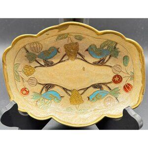 Vintage Handcrafted Brass Trinket Dish Enameled Birds & Fruits 6.75"L x 5" W
